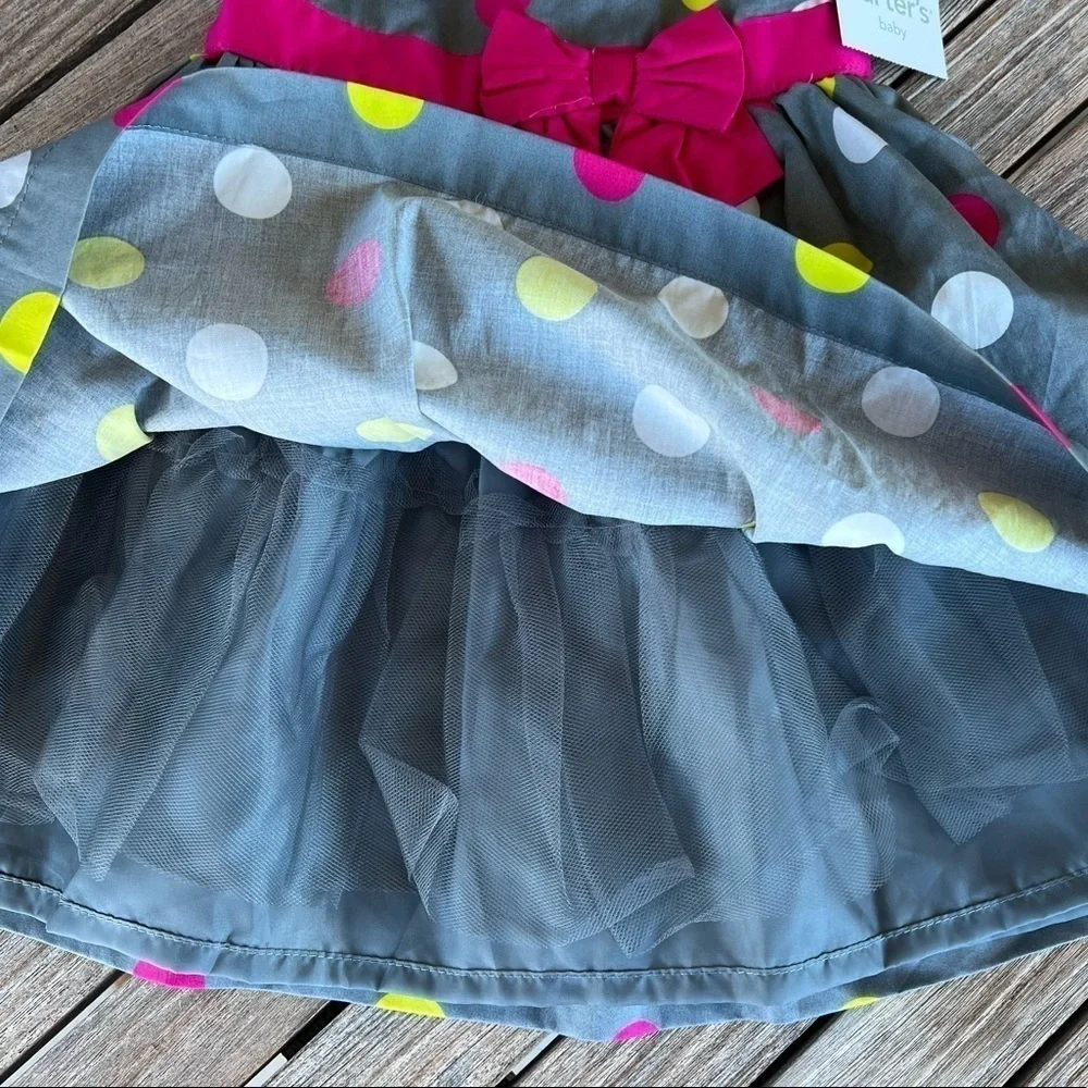 Carter’s Dress Me Up Polka Dot Dress Baby 12 Months Gray Pink Sash Bow Tulle NWT